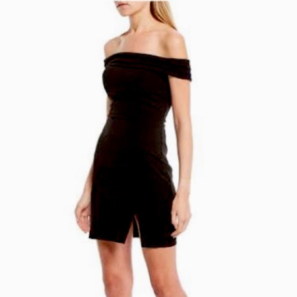 Beautiful black, off-the shoulder dress.